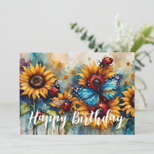 Tarjeta Festiva Feliz cumpleaños Sunflower, Butterfly y Ladybugs