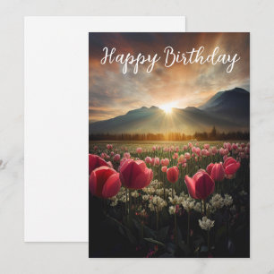 Tarjeta Festiva Feliz cumpleaños, tulipanes y montañas