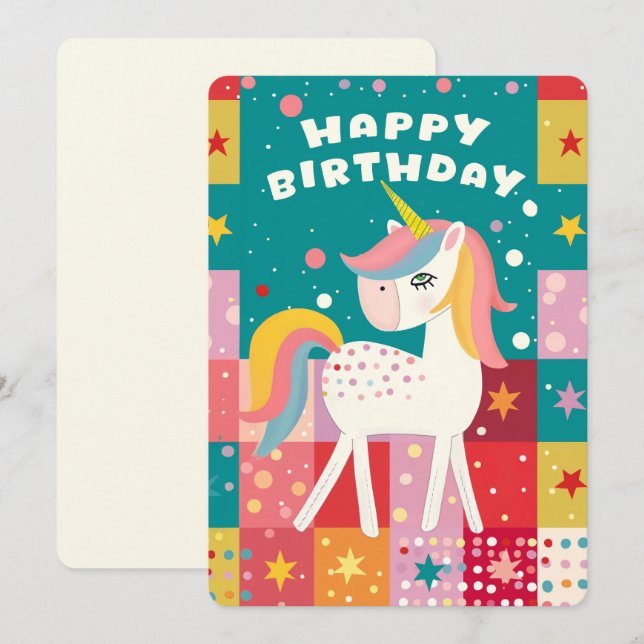 Tarjeta Festiva Feliz cumpleaños Unicorn (Anverso / Reverso)