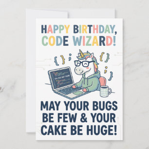 Tarjeta Festiva Feliz Cumpleaños Unicornio Mago del Código