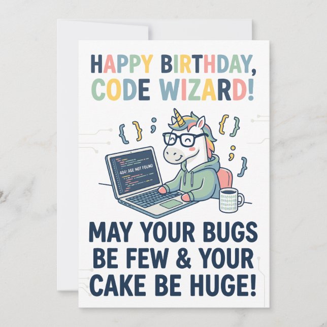 Tarjeta Festiva Feliz Cumpleaños Unicornio Mago del Código (Anverso)