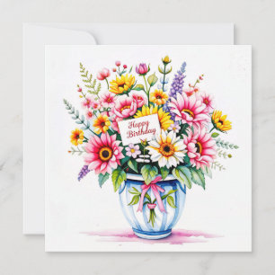 Tarjeta Festiva Feliz cumpleaños y ramo de flores