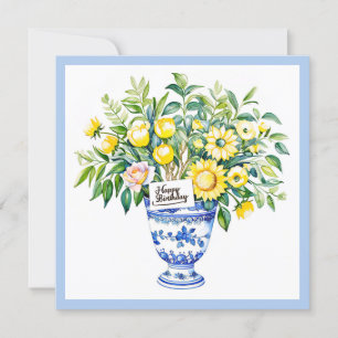 Tarjeta Festiva Feliz cumpleaños y ramo de flores