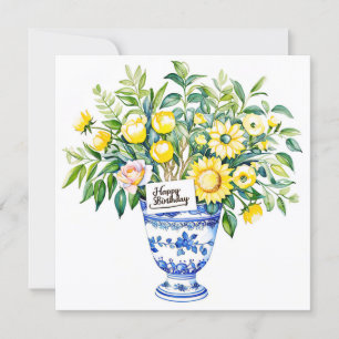 Tarjeta Festiva Feliz cumpleaños y ramo de flores