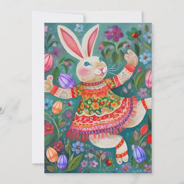 Tarjeta Festiva Feliz Danza Conejo de Pascua (Anverso)