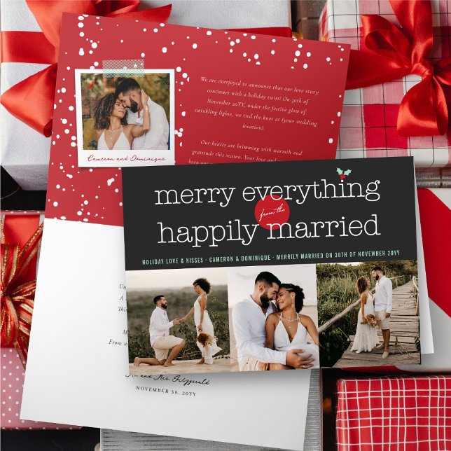 Tarjeta Festiva Feliz De Todo Desde La Famosa Casada 3 Foto (Merry Everything From The Happily Married 3 Photo Holiday Wedding Announcement Folded Card)