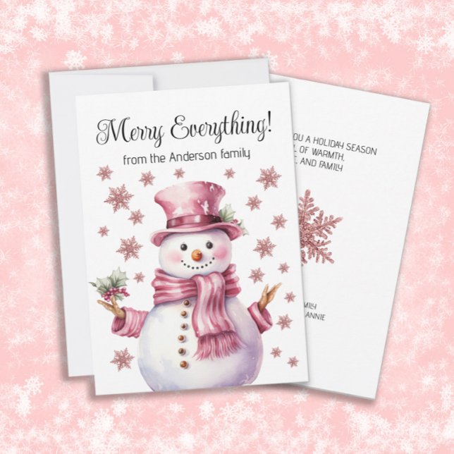 Tarjeta Festiva Feliz de todo. Snowman Pink Snowman Snowman Snowfl (Cute pink snowman and snowflakes "Merry Everything" custom Christmas/holiday greeting card.)