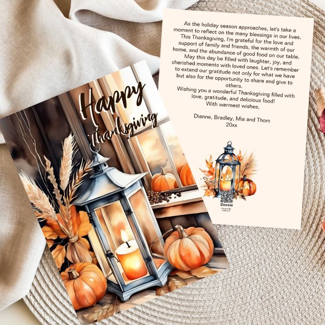 Tarjeta Festiva Feliz Día de Acción de Gracias, boho calabaza, acu (Happy Thanksgiving boho rustic pumpkin lantern harvest grain crops watercolor template greeting card)