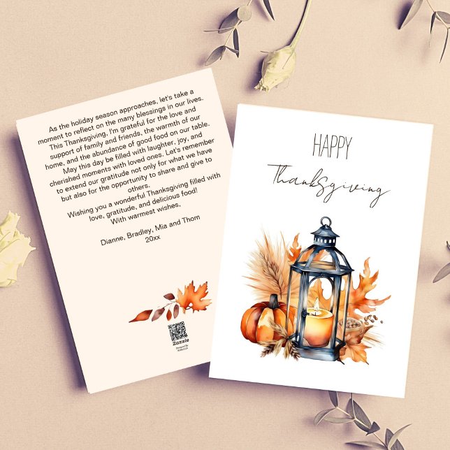 Tarjeta Festiva Feliz Día de Acción de Gracias, boho calabaza, acu (Happy Thanksgiving boho minimalist greeting card template watercolor lantern pumpkin pampas grass)