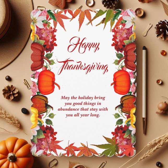 Tarjeta Festiva Feliz Día de Acción de Gracias, calabazas, hojas d (Happy Thanksgiving Fall Pumpkins Maple Leaves Holiday Card)