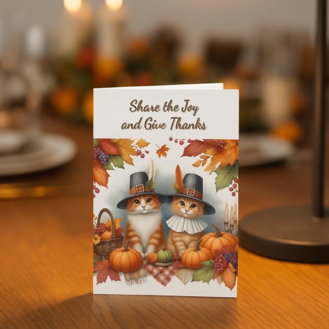 Tarjeta Festiva Feliz Día de Acción de Gracias, fiesta de los gato (Thanksgiving card with Cute Pilgrim Cats. Personalize greeting inside)