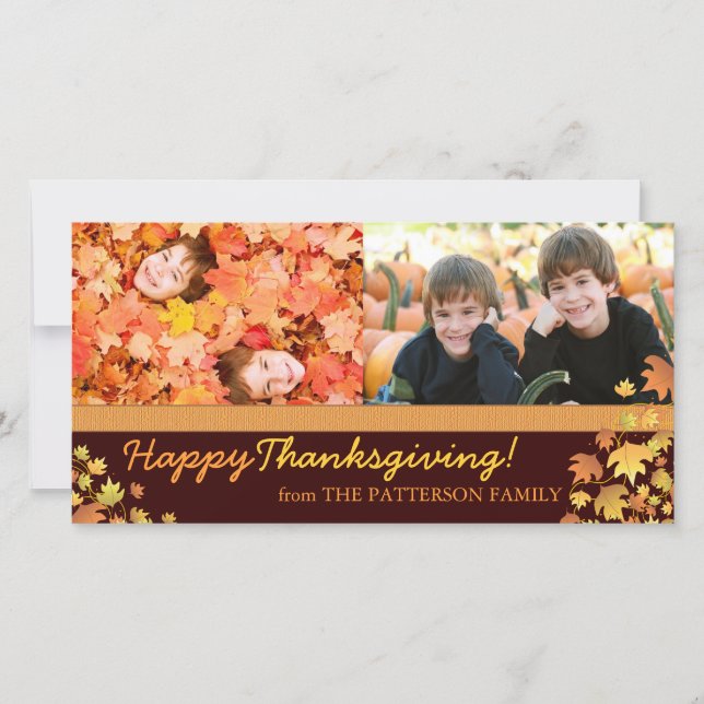 Tarjeta Festiva Feliz Día de Acción de Gracias otoño deja dos foto (Anverso)