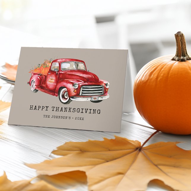Tarjeta Festiva Feliz Día de Acción de Gracias Red Truck Pumpkins  (Happy Thanksgiving Red Truck Pumpkins Photo Holiday Card)