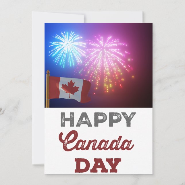 Tarjeta Festiva Feliz Día de Canadá, bandera y fuegos artificiales (Anverso)