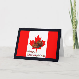 Tarjeta Festiva Feliz Día de Gracias Canadá con bandera y pavo