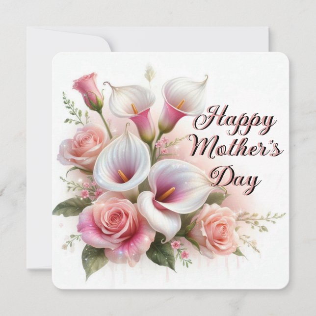 Tarjeta Festiva Feliz Día de la Madre Calla Lilies y Rosas (Anverso)