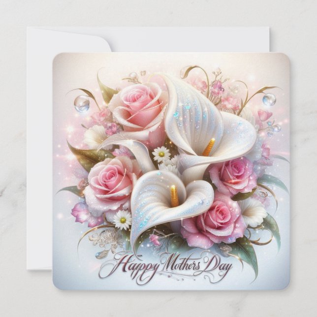 Tarjeta Festiva Feliz Día de la Madre con Calla Lilis y Rosas (Anverso)