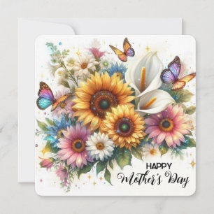 Tarjeta Festiva Feliz Día de la Madre con flores y mariposas