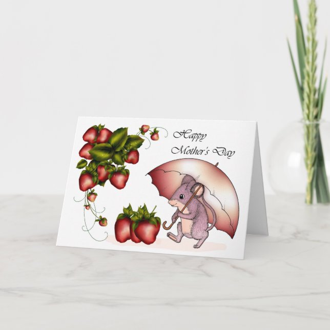 Tarjeta Festiva Feliz Día de la Madre con fresas de ratón (Anverso)