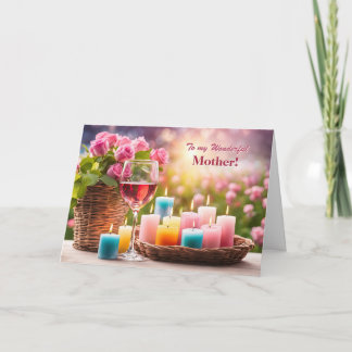 Tarjeta Festiva Feliz Día de la Madre con velas bonitas y rosas