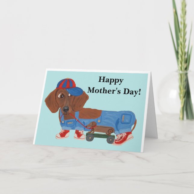 Tarjeta Festiva Feliz Día de la Madre Dachshund con juguete de arr (Anverso)