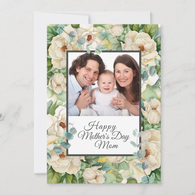 Tarjeta Festiva Feliz Día de la Madre Foto Floral Eucalyptus Scrip (Anverso)