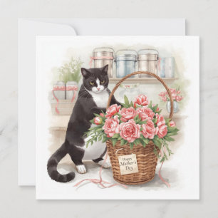 Tarjeta Festiva Feliz Día de la Madre Gato Esmoquin Arreglando Flo