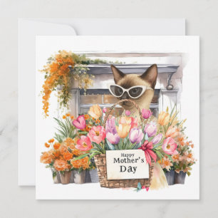 Tarjeta Festiva Feliz Día de la Madre Gato Siamés Arreglando Flore