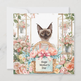 Tarjeta Festiva Feliz Día de la Madre Gato Siamés Arreglando Flore