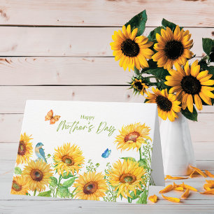 Tarjeta Festiva Feliz Día de la Madre Girasoles Acuarela en Blanco
