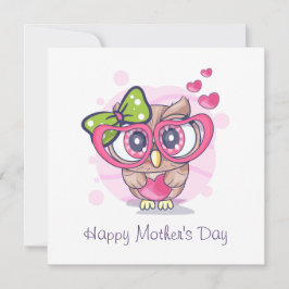 Tarjeta Festiva Feliz Día de la Madre Lechuza Corazones de Amor Ro