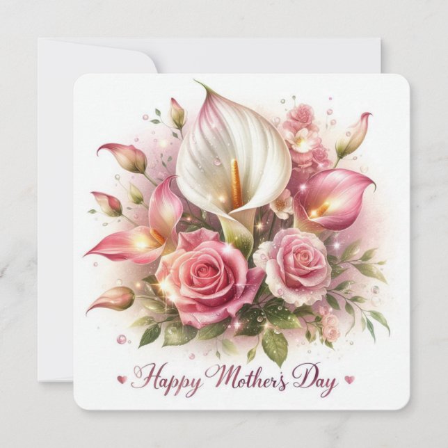 Tarjeta Festiva Feliz Día de la Madre Lirios de Calla y Rosas (Anverso)