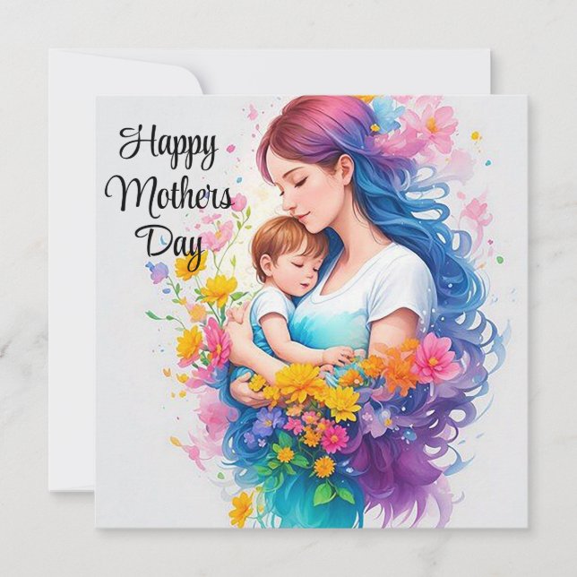 Tarjeta Festiva Feliz Día de la Madre, madre e hijo (Anverso)