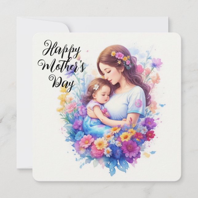 Tarjeta Festiva Feliz Día de la Madre Madre Madre e hijo con flore (Anverso)