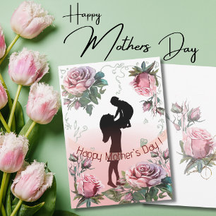 Tarjeta Festiva Feliz Día de la Madre, mujeres sosteniendo un hijo