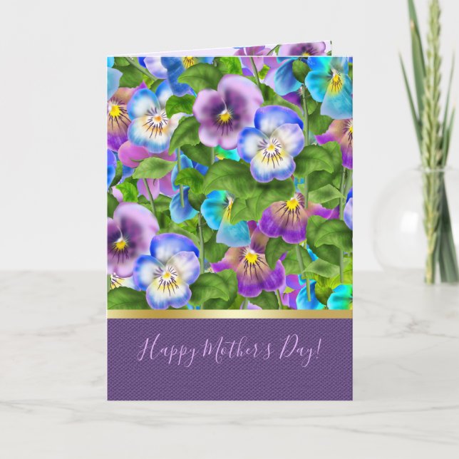 Tarjeta Festiva Feliz Día de la Madre Pansy Violet Flores acuática (Anverso)