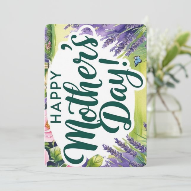 Tarjeta Festiva Feliz Día de la Madre Rosa Mariposas de Grado Verd (Anverso de pie)