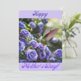 Tarjeta Festiva Feliz Día de la Madre Rosas Púrpura Azulada Colibr