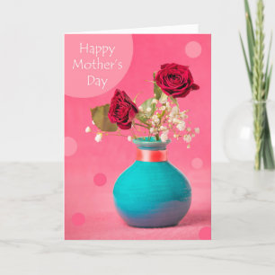 Tarjeta Festiva Feliz Día de la Madre Rosas Rojas en Jarrón Azul s