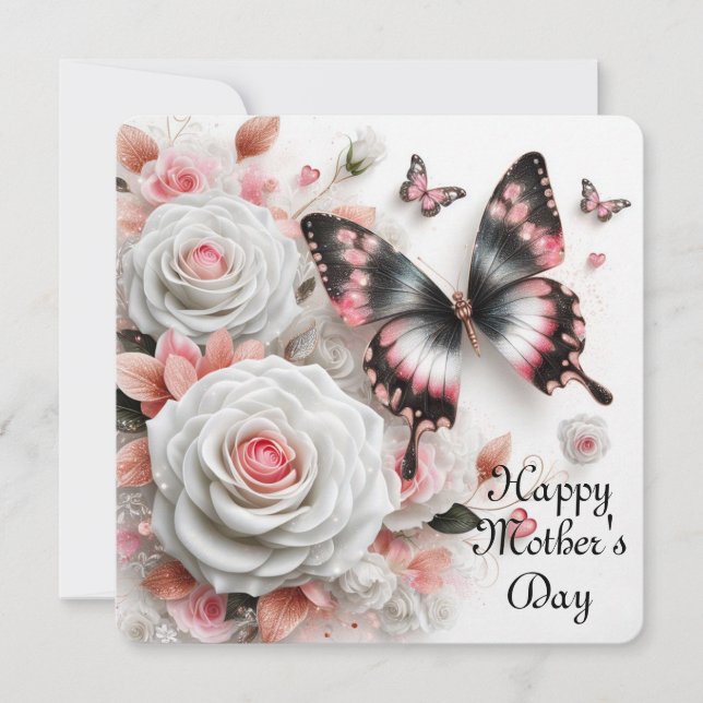 Tarjeta Festiva Feliz Día de la Madre Rosas y Mariposas (Anverso)