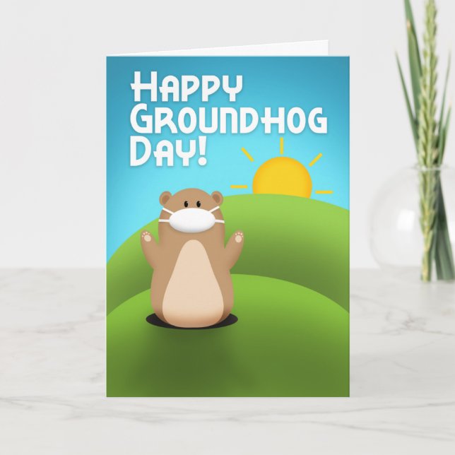 Tarjeta Festiva Feliz Día de la Marmota Graciosa Groundhog en másc (Anverso)