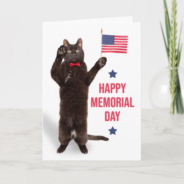 Tarjeta Festiva Feliz Día de la Memoria Gato con bandera saludando (Anverso)