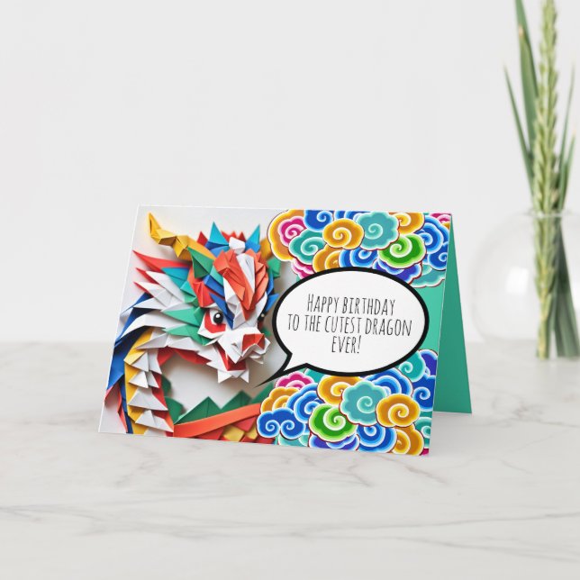 Tarjeta Festiva Feliz Día de la Vida Dragón Origami Zodiac GC (Anverso)