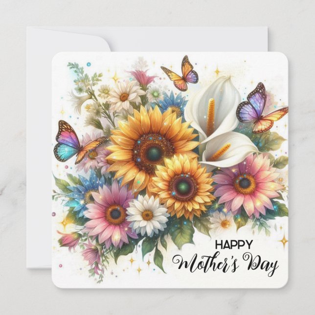 Tarjeta Festiva Feliz Día de las Madres con Flores y Mariposas (Anverso)