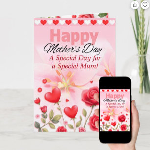 Tarjeta Festiva Feliz Día de las Madres Corazones Florales y Flore