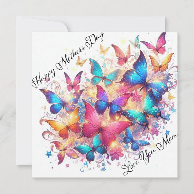 Tarjeta Festiva Feliz Día de las Madres, esparcen mariposas (Anverso)