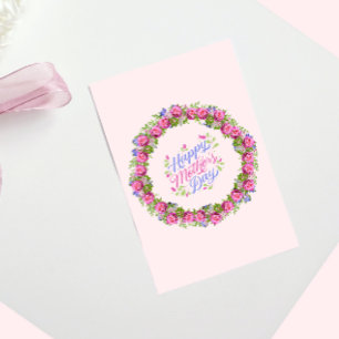Tarjeta Festiva Feliz Día de las Madres, Wreath Floral Rosa