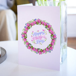 Tarjeta Festiva Feliz Día de las Madres, Wreath Floral Rosa