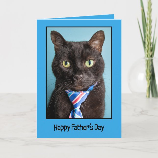 Tarjeta Festiva Feliz Día de los Padres, gato negro en corbata (Anverso)