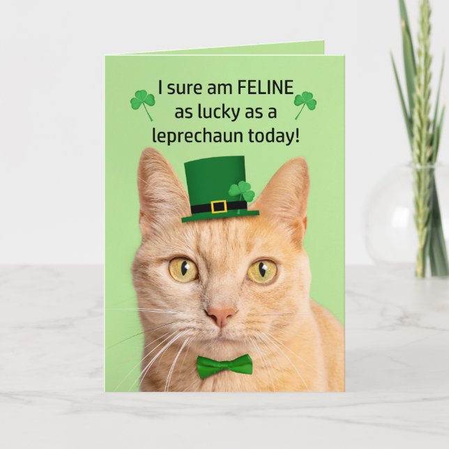 Tarjeta Festiva Feliz día de San Patricio amigo Gato adorable Lepr (Anverso)